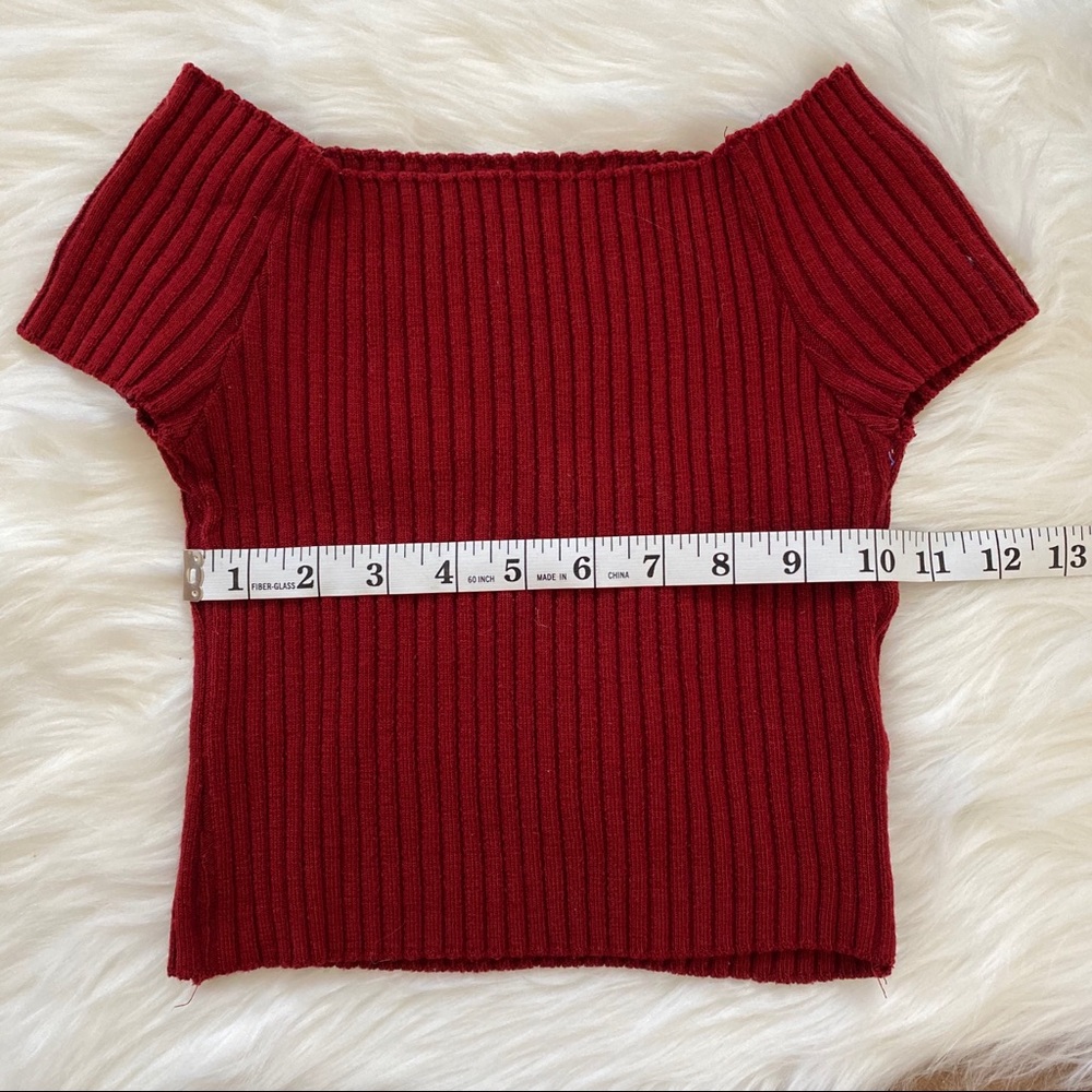 Red Ribbed Knit Off Shoulder Crop Top - Picture 4 of 6